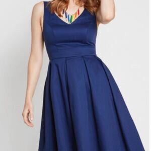 Modcloth Women's XS Fervour V-Neck 'Triumphantly' Blue Cocktail Dress VTG Style